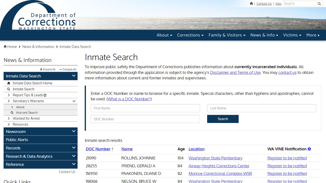 Inmate Search | Washington State Department of Corrections